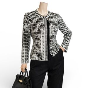 Luxury Knit Sweater Jacket | Black + White Geometric Monogram | Women's Large